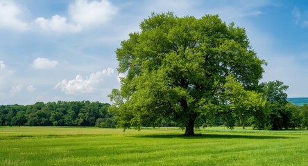 Fototapeta premium Expansive summer field with a towering linden tree full of green leaves