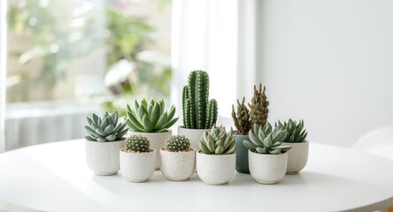 Obraz premium Multiple potted succulents alongside cactus plants on a white table featuring copy space area