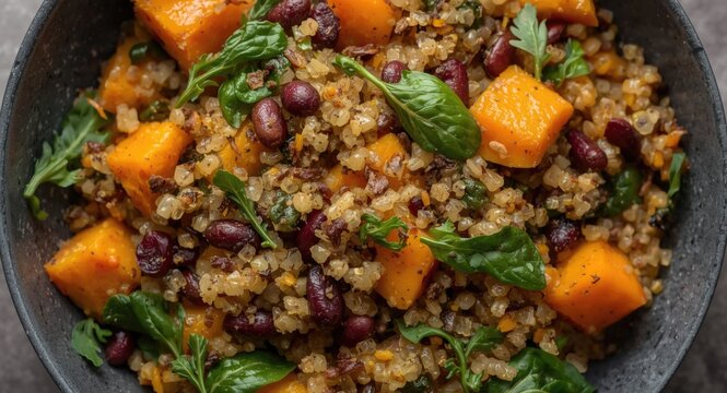 Nutrient rich vegan quinoa dish with sweet potato beans and fresh greens