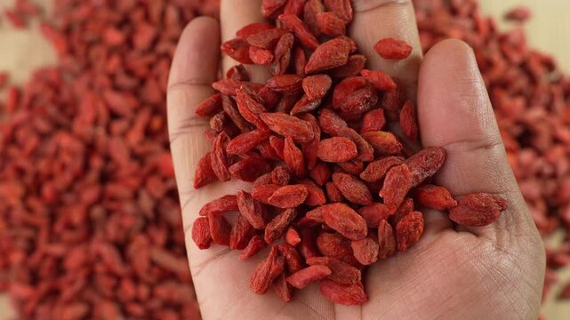 Dried Goji berries or Wolfberry falling from hand on wooden bowl.