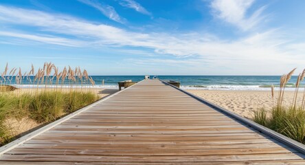 Fototapeta premium Low perspective of a seaside wooden deck and boardwalk with pier patio