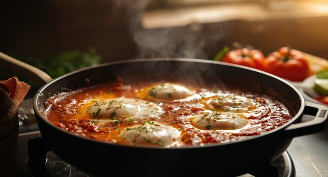 Scrambled eggs simmered in tomato paste for a Turkish menemen meal