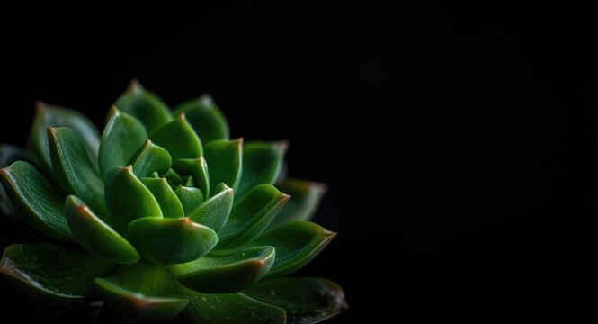 Green Echeveria secunda var succulent contrasted with a pure dark background