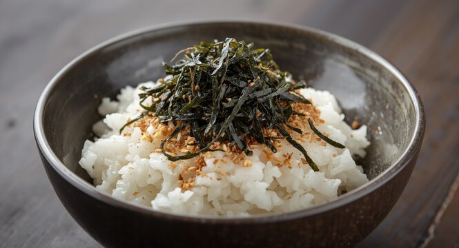 Rice topped with a vegan furikake seasoning and shredded seaweed