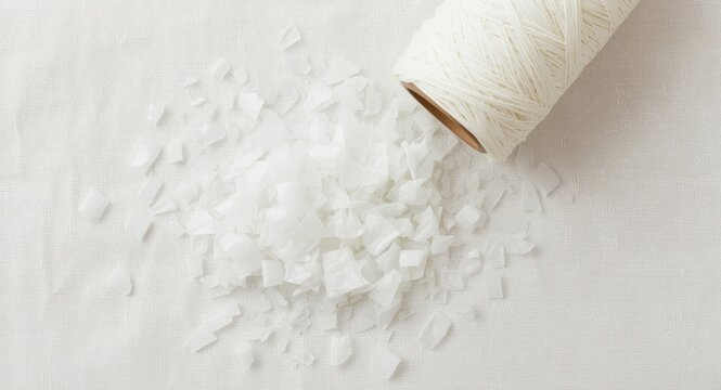 Plastic bottle flakes crushed and white polyester yarn spool set on fabric