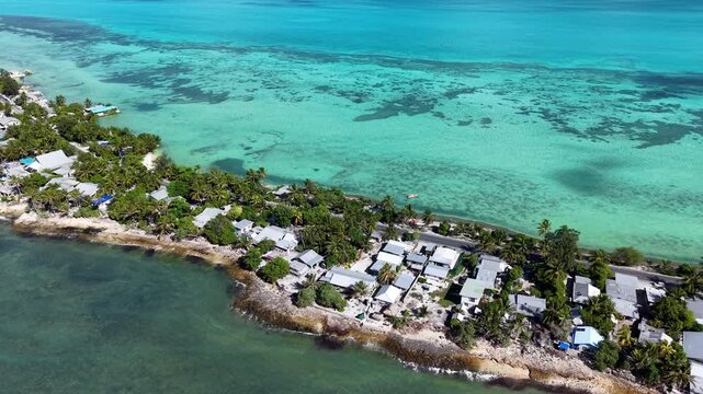 Kiribati South Tarawa Overpopulation Atoll Capital Gilbert Islands Oceania Pacific Thin Strip Aerial Drone 4K