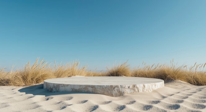 Premium stone platform with dry grass under clear blue sky and sand