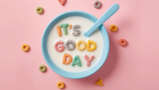 Colorful cereal letters in milk bowl with spoon on pink background