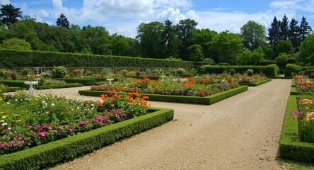 Fototapeta premium Formal garden with blooming flower beds and well-ordered pathways ideal for copy space
