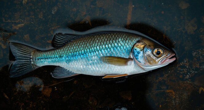 Fresh Pomatomus saltatrix fish with vibrant blue scales resting on cold surface with copy space for text