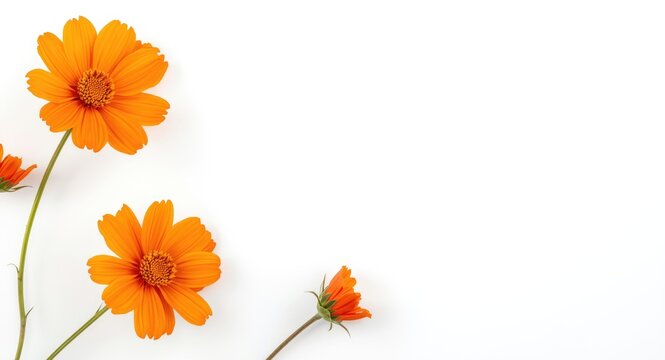 Fall inspired title card featuring bright orange cosmos blossoms over a smooth white background