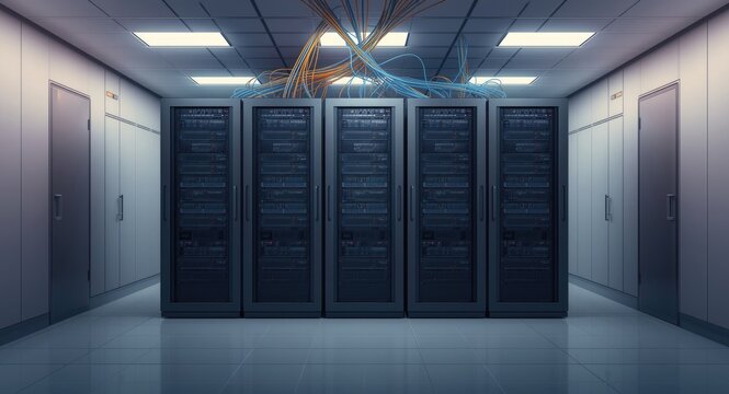 Server room racks filled with computer equipment and interconnected ISP network routers