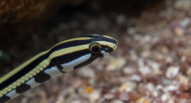 Sharp close shot of a banded sea krait in marine setting