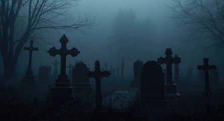 Fototapeta premium Haunted graveyard featuring dark stone crosses and tombstones surrounded by thick Halloween fog