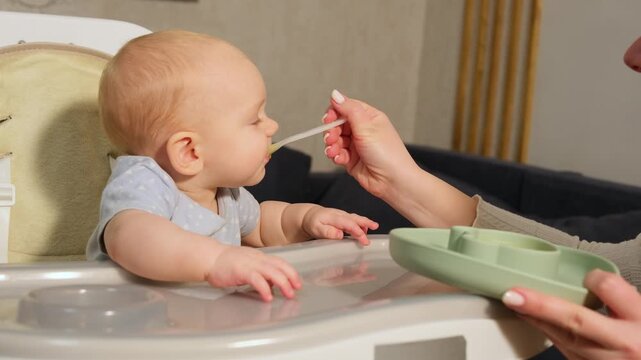 Adorable baby sitting in a high chair while a caring mother feeds him his first solid food, a healthy vegetable puree, from a spoon as part of his daily nutrition and weaning process