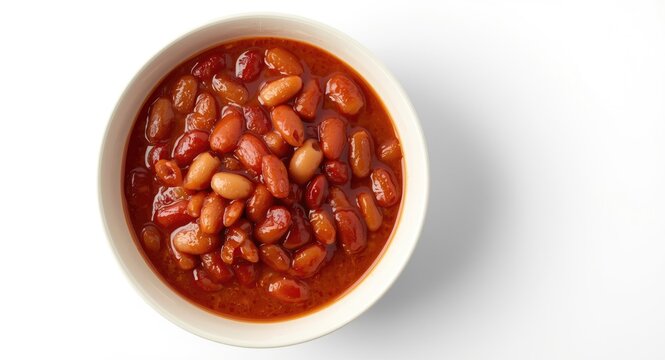 Baked beans bathed in tomato sauce served in a white ceramic bowl on a crisp white background