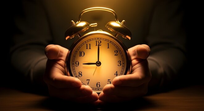 Person holding an old fashioned illuminated alarm clock in their hands showing the time