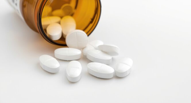 Macro view of white ivermectin pills and tablets spilled beside bottle with copy space