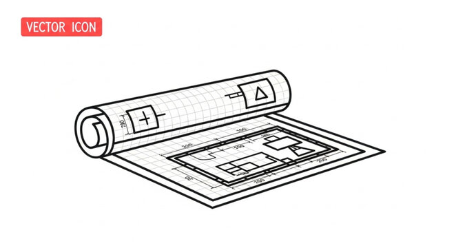 Isometric illustration of a rolled-up blueprint with architectural plans and technical drawings.