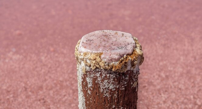 Scenic view of a pink lake with Dunaliella Salina algae and salt layered on a weathered iron post