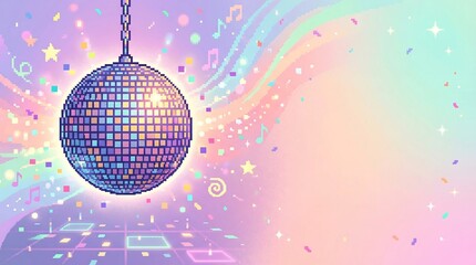 Obraz premium Pixelated disco ball on a pastel background with swirling confetti, perfect for retro parties and celebrations