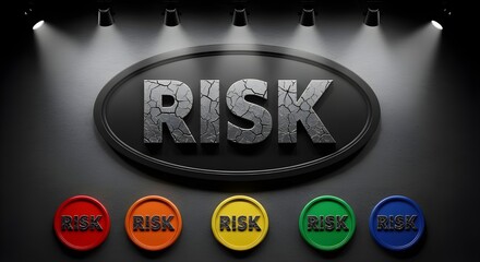 Fototapeta premium Large cracked risk sign with colorful buttons on a dark background