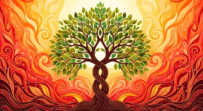 The Sacred Tree Of Life Amidst Vibrant Swirling Flames