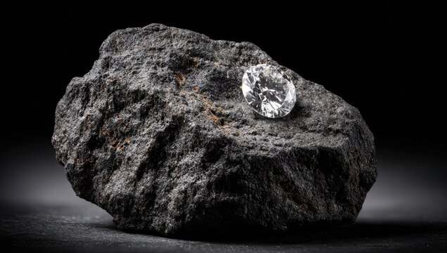 Sparkling diamond resting on dark rough rock against black background
