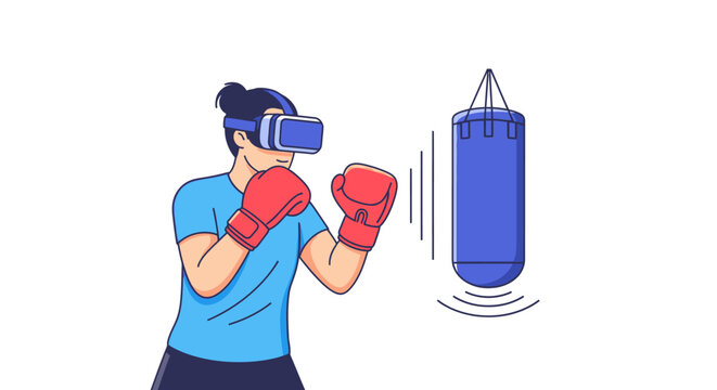 Person wearing VR headset and boxing gloves training on a punching bag, virtual reality boxing game concept