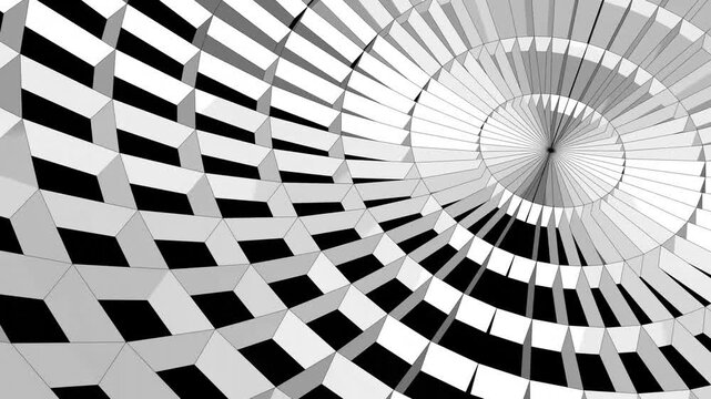 Abstract geometric tunnel of black and white square tiles rotates in a seamless loop, creating hypnotic depth and optical illusion, modern 3D animation for backgrounds and design visuals