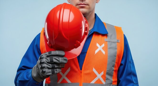 Man in orange safety vest holding red hard hat on blue background