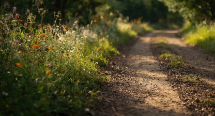 Fototapeta premium Dirt road edged with wildflowers and fresh greenery bathed in soft natural light with space for text