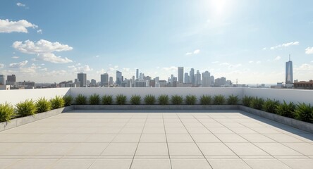 Fototapeta premium Modern empty rooftop terrace garden with open space and clear sunny sky for presentation