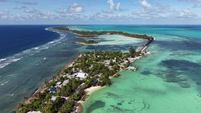 Kiribati South Tarawa Overpopulation Atoll Capital Gilbert Islands Oceania Pacific Thin Strip Aerial Drone 4K