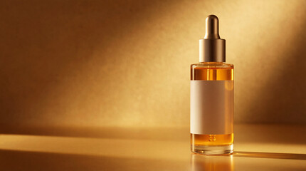 Naklejka premium Cosmetic serum bottle with dropper golden tones and blank label for product presentation