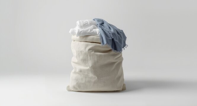 Full view of laundry packed inside a linen sack on white studio backdrop