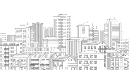 Obraz premium A detailed line drawing of a cityscape featuring various buildings and structures.