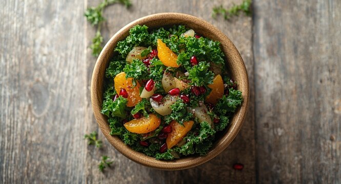 Nutritious kale green salad with bright orange pieces and pomegranate toppings
