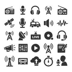 Fototapeta premium Communication technology icons: radio, microphone, satellite, headphones, megaphone.