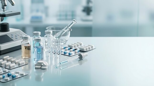Pharmaceutical Research and Laboratory Equipment with Medicine Bottles Capsules and Microscope on Clinic Desk