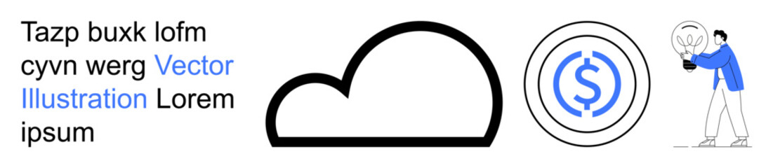 Fototapeta premium Cloud storage, data management, financial security, innovation, business growth, and creativity. Cloud icon, currency symbol and person holding a light bulb. Cloud storage and financial security