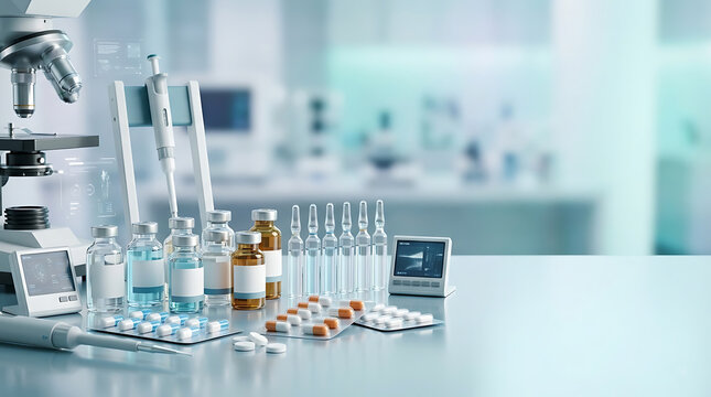 Pharmaceutical Research and Laboratory Equipment with Medicine Bottles Capsules and Microscope on Clinic Desk