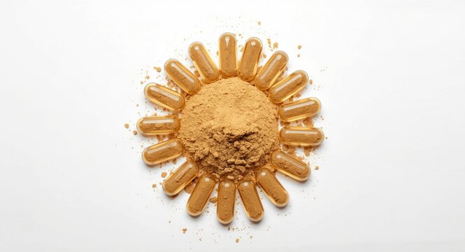 Herbal capsules arranged with maca powder on white studio backdrop