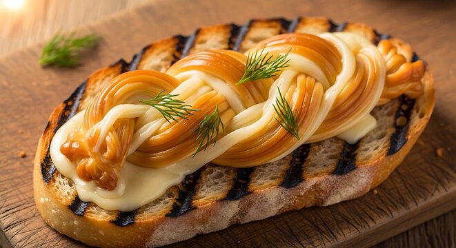 A gourmet slice of grilled sourdough bread topped with a braided piece of smoked string cheese. smoked braided cheese