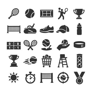 Tennis icons: equipment, actions, and symbols in black and white set.