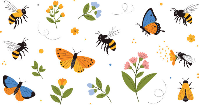 Colorful insects and butterflies vector illustration with bees, flowers and flying bugs, nature garden elements collection for spring and summer design