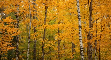 Obraz premium Seasonal yellow birch foliage transition with copy space for text