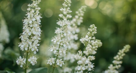 Fototapeta premium Detailed close view of white astilbe blooms on a calming green background enhanced by bokeh light