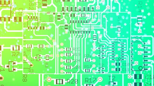 Video animation with printed circuit board of electronic 
device, components of radio elements, 
conductors, contact pads placed on pcb. 
Engineering drawing. Computer technic cad design, 
screensaver