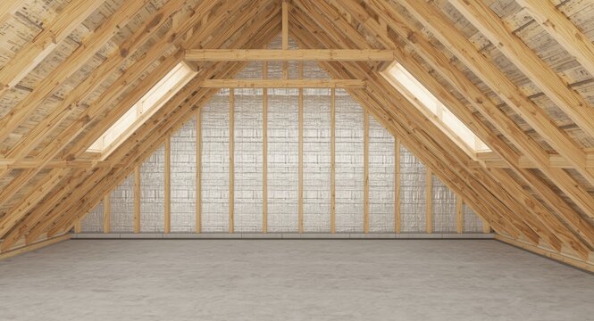 Rendering of an attic conversion under construction featuring wooden wall structure and metallic insulation with selective focus
